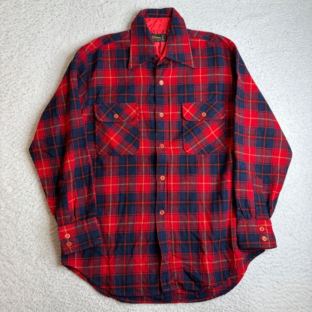 70s 80s JCPenney Mens Red Navy Plaid Wool Blend work shirt L Quilted Yoke